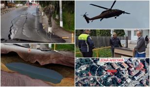 ANIMAŢIE. Craterul căscat în asfalt, la Slănic Prahova, are o suprafaţă cât un apartament cu 3 camere. Specialişti de la Bucureşti, aduşi cu un Black Hawk