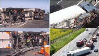 Un șofer ucrainean a trecut razant pe lângă moarte, după ce s-a răsturnat cu TIR-ul pe A2. Un cauciuc explodat și viteza mare au cauzat accidentul