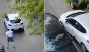 Scandal cu săbii într-o parcare din Vâlcea. Un bărbat fugăreşte un şofer, care se refugiază în maşină şi pleacă în trombă