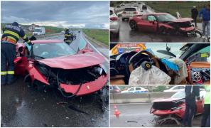 Ferrari făcut praf pe DN1, în Cluj. Un om de afaceri a derapat şi s-a înfipt cu bolidul de lux într-un cap de pod
