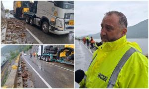 Ploaie de pietre căzute de pe versanţi, peste maşinile de pe DN 6. Şoferul unui autotren a evitat la limită o tragedie