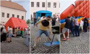 Tobogane gonflabile luate pe sus de vânt în Oradea, cu tot cu cei şase copii care se aflau pe ele. O rafală puternică a smuls frânghiile de susţinere