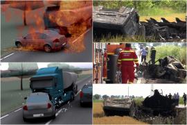 ANIMAŢIE. O cisternă cu 32 de tone de benzină a luat foc, după ce o maşină a intrat frontal în ea. Pompierii, copleşiţi: "Mai avem nevoie de forţe"