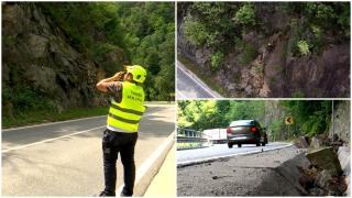Pericol pe Defileul Jiului. Alpiniștii îndepărtează bolovani uriași care riscă să cadă pe șosea