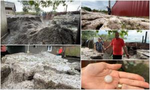 "În grădină nu mai am nimic! Cât am muncit, nu mai am nimic!" Munți de gheață, după ce o furtună a lovit din senin o localitate din Suceava