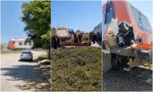 "Vai, uite!" Momentul în care un tren de călători spulberă pe şine un camion încărcat cu piatră, în Tuzla