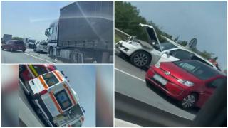 Carambol uriaş pe A1. Două autocamioane şi cinci autoturisme s-au ciocnit