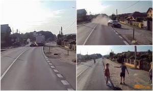 Accident filmat de camera de bord a unui TIR, pe un drum din Argeş. O clipă de neatenţie se putea transforma într-o tragedie