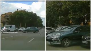 Mașina unui bărbat, filmată cum o ia la vale pe șosea. Șoferul s-a oprit la o spălătorie de covoare fără să asigure autoturismul