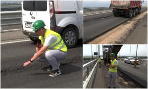 Lucrări fără sfârşit la podul peste Dunăre. După ce s-a stricat banda 1 pe sensul Tulcea - Brăila, au apărut valuri în asfalt şi pe banda 2