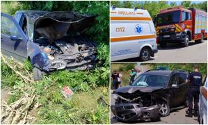 Volkswagen aruncat în copac, după ce s-a ciocnit frontal cu un Mitsubishi pe un drum din Galaţi. Patru oameni au ajuns la spital