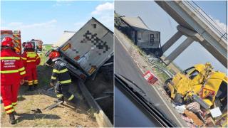 Accident dezastruos cu trei morți pe A1, în Dâmbovița. Șoferul unui TIR și doi pasageri dintr-o dubă au pierit pe loc în impact