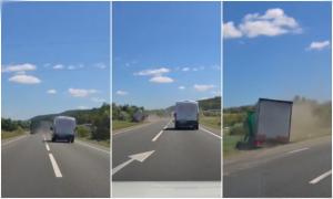 Momentul când explodează un cauciuc și camionul scapă de sub control pe DN1, între Cluj şi Oradea
