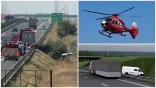 ANIMAŢIE. Filmul accidentului cu 12 răniţi din Constanța. Un TIR a izbit cu putere un microbuz cu pasageri, oprit pe banda de urgenţă, şi l-a aruncat într-un şanţ de 4 metri