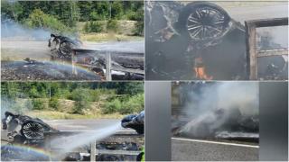 O mașină făcută praf a ars apoi ca o torță, după ce șoferul a lovit alt vehicul și s-a răsturnat pe plafon, în Suceava. Bărbatul s-a salvat la limită