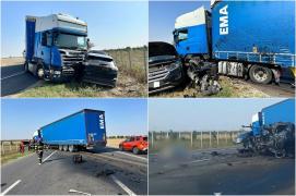 Impact fatal pe DN2 E85, în Vrancea. Bărbat mort pe loc, după ce un TIR și două mașini s-au făcut praf pe șosea. Unul din vehicule, rupt în două