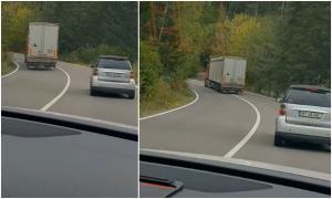 Şofer de TIR, depăşire criminală pe serpentinele unui munte din Neamţ. O cameră de bord a filmat momentul 