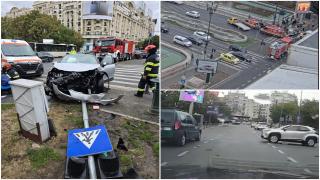 Accident în zona Piaţa Unirii din Capitală. Doi pietoni răniţi, după ce o maşină s-a lovit de un alt autoturism şi a ricoşat într-un indicator