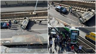 Accident la Lujerului: mașină răsturnată pe linia tramvaiului 41, în București