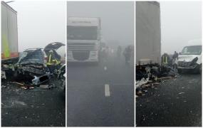 Accident în lanț pe A1, din cauza ceții. Un TIR și cinci maşini, implicate în carambol, o persoană transportată la spital