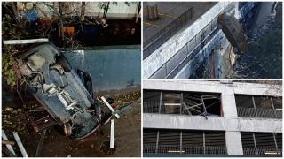 ANIMAȚIE. Cum a căzut un tânăr cu maşina de la etajul al doilea al parcării din Mega Mall