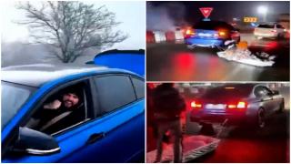 Drifturi cu sicriul în Iași. Un șofer și-a legat un coșciug de BMW, a pus doi prieteni în el și s-a învârtit în giratoriu