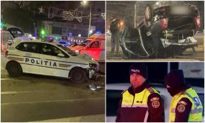 Maşină de poliţie în misiune, spulberată într-o intersecţie din Bucureşti. Un Logan a ajuns cu roţile în sus după impact