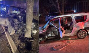 Accident teribil între un SUV şi o Dacie, pe un bulevard din Iaşi. Maşina de teren s-a înfipt într-un copac, după impact