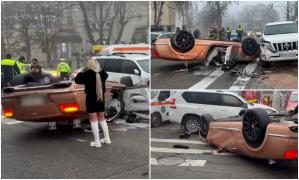 Bentley decapotabil, strivit pe asfalt în centrul Ploieştiului. Bolidul a lovit un SUV parcat, apoi s-a răsturnat pe plafon