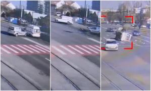 Ambulanţă cu pacient lovită în plin, răsturnată şi aruncată pe contrasens, în Oradea. O cameră a filmat momentul