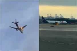 Momentul în care un avion cargo în flăcări aterizează de urgenţă pe un aeroport din SUA, după ce a lovit o pasăre