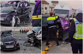 Accident cu un mort pe DN 22, în Constanța. O Skoda și o dubă, făcute praf după ce s-au izbit violent. Alte două persoane, rănite