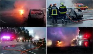 Două maşini s-au făcut scrum, după o tentativă eşuată de furt în parcarea unui hotel din Braşov. Suspectul, prins de poliţişti