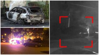 Momentul în care doi bărbaţi dau foc maşinii rivalului, lângă un bloc din Orăştie. Incendiatorii sunt căutaţi