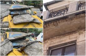 Mașină, făcută praf după ce balconul unui bloc din Sectorul 1 s-a prăbușit peste ea