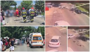 Accident dramatic între trei maşini, surprins de camere pe DN 65 Balş. Un vehicul a zburat pur şi simplu