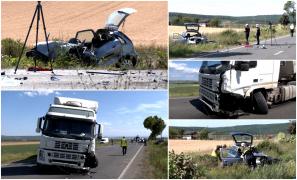 Șoferiță moartă pe un drum din Alba, la ieșirea din Teiuş. A sfârșit în mașina zdrobită de TIR, pe contrasens