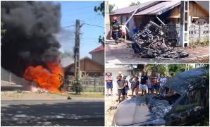 Carambol cu 4 mașini la Drăgănești. Una a luat foc după ce s-a înfipt într-o capelă, pe marginea drumului