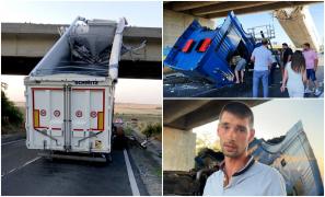 Cabină de TIR ruptă de pe șasiu și împrăștiată pe șosea, în Constanța. Bena camionului a agățat un cap de pod