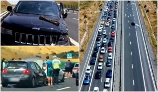 Momentul în care cele 6 maşini se ciocnesc pe A2. Unei şoferiţe i s-ar fi făcut rău şi a tras brusc de volan