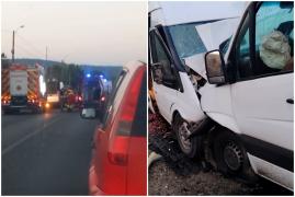 Accident grav în Mehedinți, pe DN 56A. Un mort, după impactul frontal între două microbuze de transport marfă
