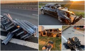 Un tânăr vitezoman şi-a făcut maşina praf pe autostrada A1. După ce a rupt un parapete, s-a înfipt într-un TIR