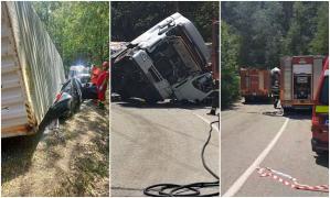 Şofer mort în maşina zdrobită în mers, de remorca unui TIR. Camionul s-a răsturnat într-o curbă, la Floreşti
