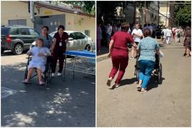 Incendiu la maternitatea Iași. Momentul în care o gravidă cu dureri e scoasă în scaun cu rotile