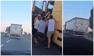 Camionagiu filmat cum circulă haotic, pe o şosea din Galaţi. Ceilalţi şoferi l-au scos cu forța din cabină