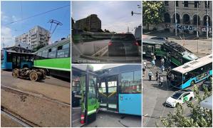 Un tramvai a lovit în plin un autobuz STB, pe Calea 13 Septembrie din București. Momentul impactului, filmat