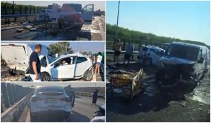 Imaginile surprinse în urma carambolului infernal de pe Autostrada Soarelui. 7 maşini implicate, 2 răniţi
