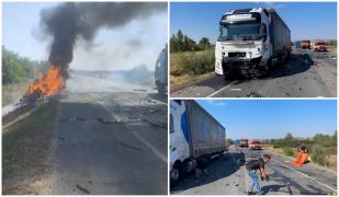 Un şofer a murit carbonizat în propria maşină, după ce a intrat în coliziune cu un TIR pe o şosea în Lugoj
