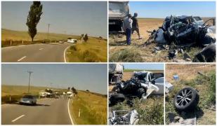 Momentul când maşina familiei din Iaşi este pur şi simplu spulberată de un TIR. 