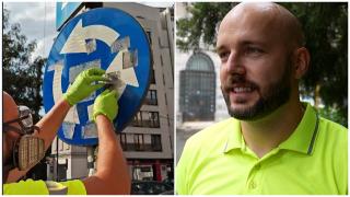 Cine e tânărul care curăţă pe banii lui indicatoarele şi marcajele rutiere. Poliţiştii l-au felicitat